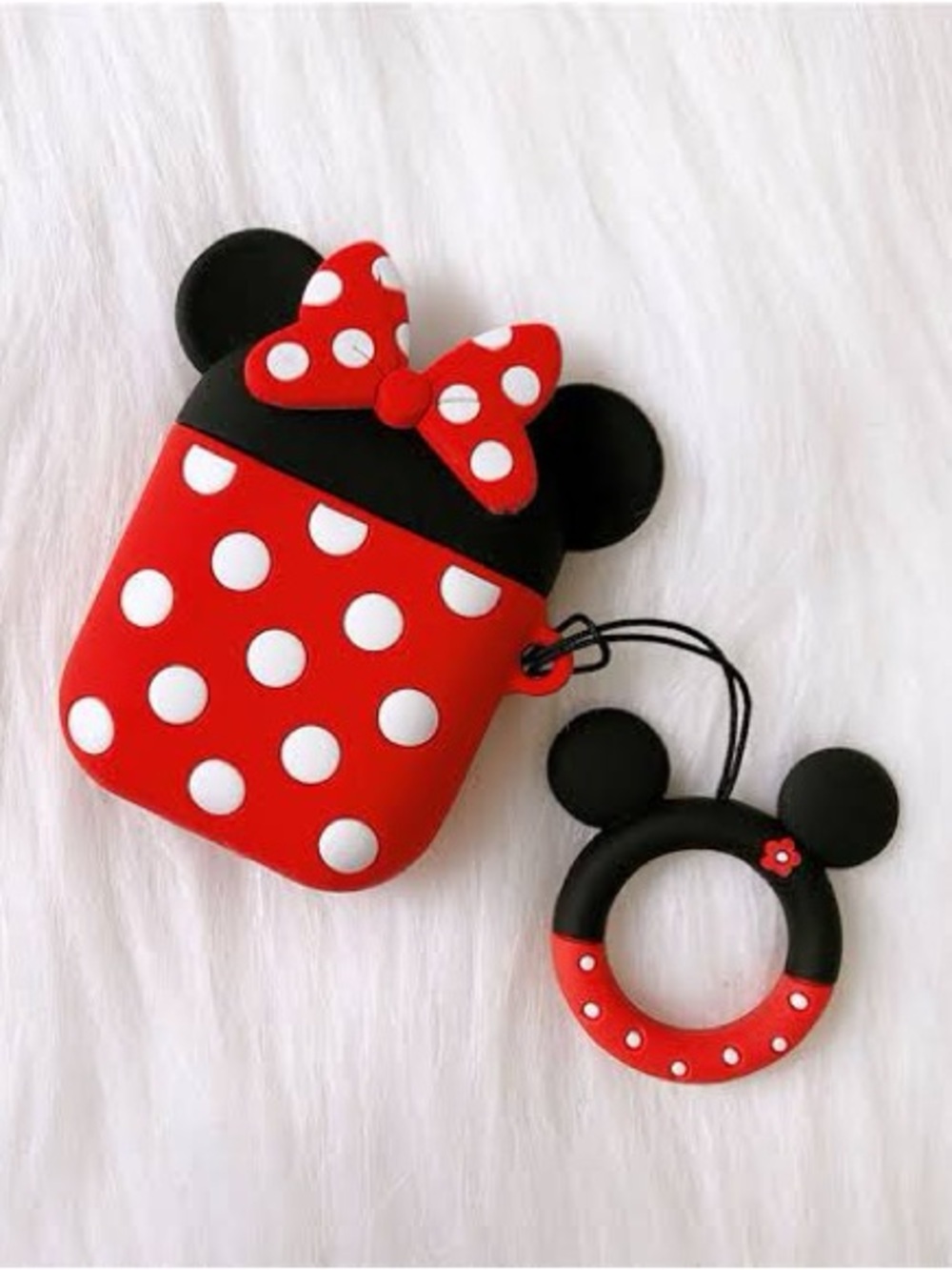 Red Polka Dot Silicone Earbud Case with Bow and Matching Ring